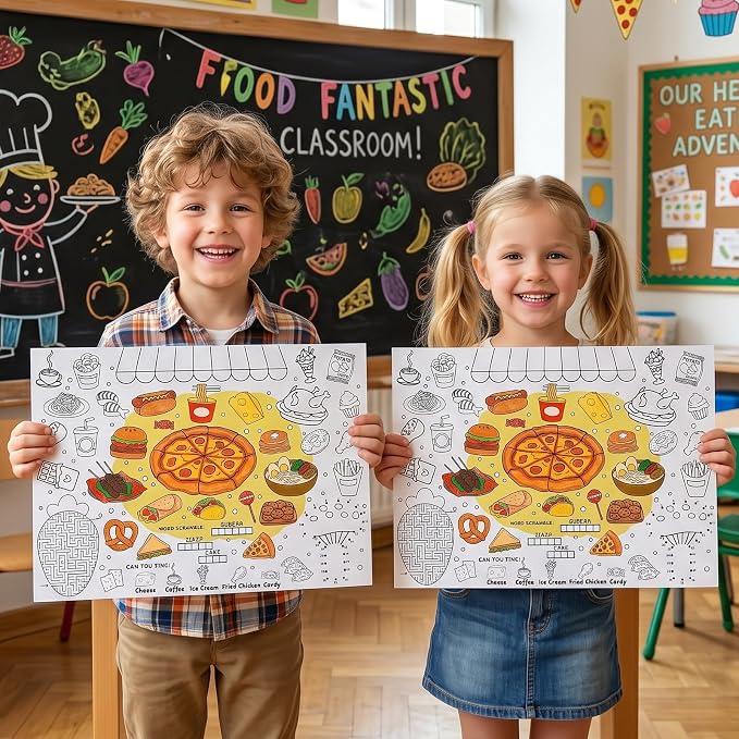 45pcs Food Disposable Coloring Placemats Yummy Foods Crafts for Kids Birthday Party Favors Coloring Poster Pizza Ice Cream Burger Donut Taco Activity Restaurant Church Supplies Paper Table Mats