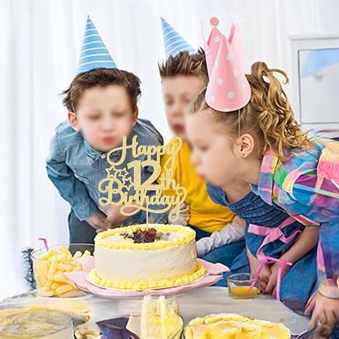 1 Pack Happy 12th Birthday Cake Topper Glitter Heart Star 12 Fabulous Cake Pick Birthday Sign Cake Decorations for Children 12th Birthday Theme Party Supplies Gold