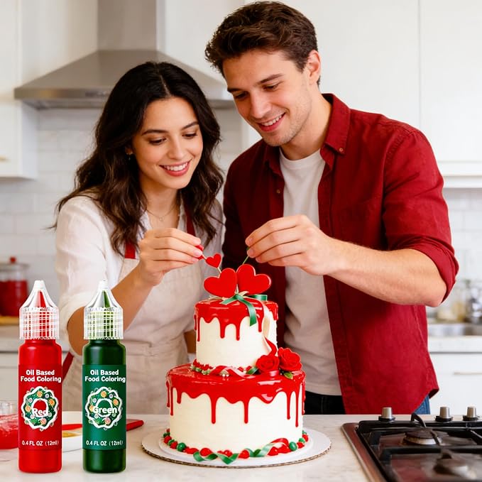 Oil Based Food Coloring for Chocolate - 2 Vibrant Valentine‘s Day Food Colors (Red, Green - 12ml (0.4floz) Bottles - Edible Dye for Baking, Cookies, Frosting & Cake Decorating - Non-GMO,Vegan