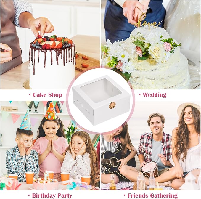 Sublaga 26pcs 8x8x4 Inches Cake Boxes White Bakery Boxes, White Bread Boxes with Windows for Pastries, Cupcakes,Cookies, Pie, Muffins and Donuts