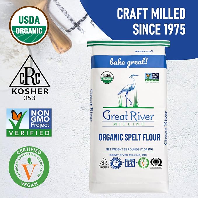 Great River Milling Organic Spelt Flour | Whole Grain Ancient Wheat Flour | USDA Organic, Non-GMO, Kosher | High Fiber, Mild Flavor | Ideal for Baking Breads, Muffins & More | 25 Lb (Pack of 1)