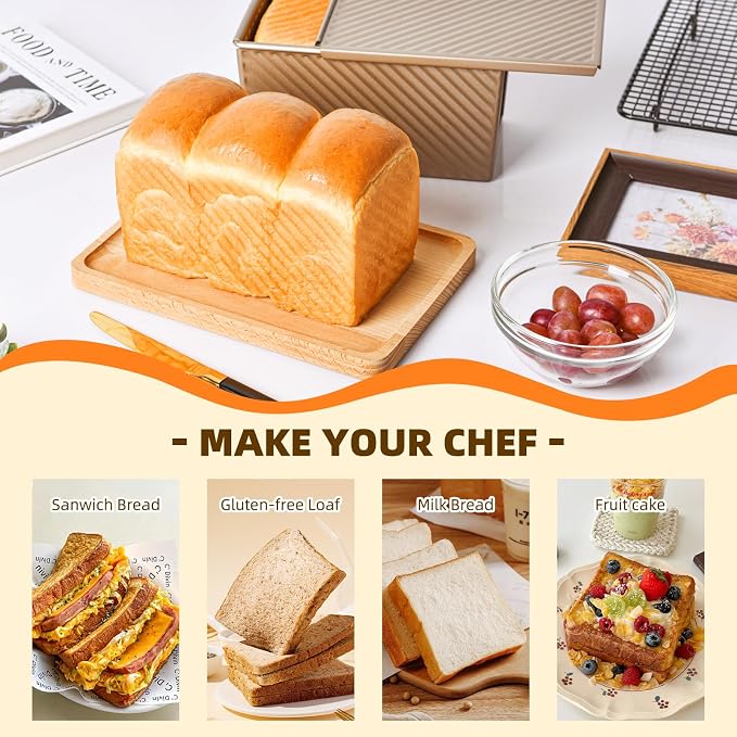SUNCITY SUNCTY Pullman Loaf Pan with Lid, 1 lb Dough Capacity Non-Stick Bakeware for Baking Bread, Gold Toast Box Mold with Cover, 8.5 x 4.7 x 4.3 Inch