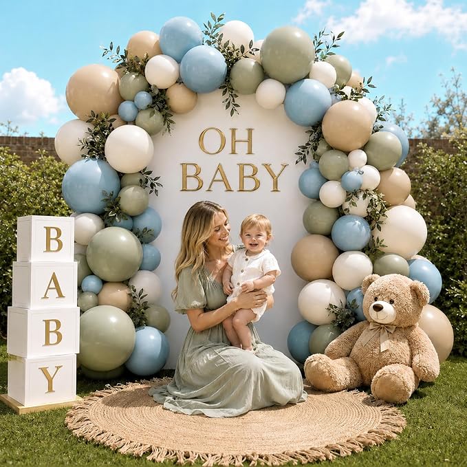 Dusty Blue Sage Green Balloon Garland Arch Kit, Double Stuffed Fog Blue Green Sand White Beige Balloons for Neutral Baby Shower Bridal Shower Wedding Anniversary Woodland Dinosaur Birthday Party Decor