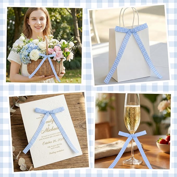 30 Pack Bow Cake Toppers Blue Gingham Ribbons Bows for Cake Bow Cupcake Toppers Blue Gingham Bow Birthday Decorations for Baby Shower Birthday Wedding Party Supplies