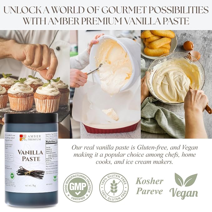 Amber Premium Pure Vanilla Bean Paste 1kg / 27 fl oz (US) - Made with Authentic Madagascar Vanilla Extract - Vegan, Kosher, Chef Recommended for Baking, Desserts, and Pastries