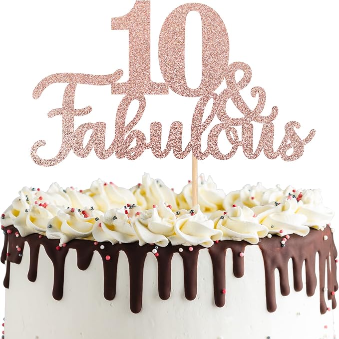 1 PCS 10 & Fabulous Cake Topper Glitter Ten and Fabulous Cake Toppers Happy 10th Birthday Cake Pick for 10th Wedding Anniversary Birthday Party Cake Decorations Supplies Rose Gold