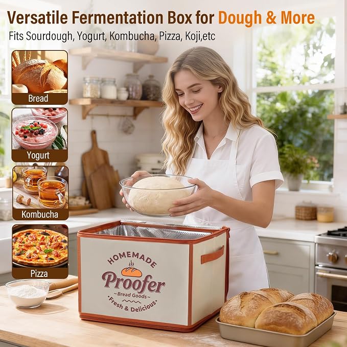 Foldable Bread Proofing Box, JOCXSPI 4-Sided Heating Dough Proofer for Sourdough Starter, 68–131°F Temp Control, 99H Timer, Metal Rack, Water Tray, Humidor for Pizza, Yogurt, Kombucha, Baking (Beige)