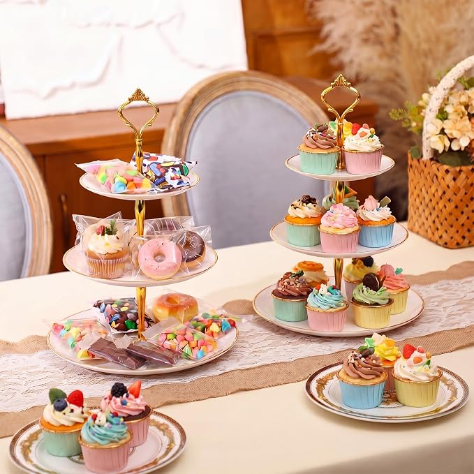 Teenyyou 8 Pack 3 Tier Cupcake Stand Bulk Tiered Dessert Stand Thick Plastic Serving Tray with Gold Edges Dessert Table Display Set Tea Cake Holder for Wedding Birthday Party(White Gold,Crown Shaped)