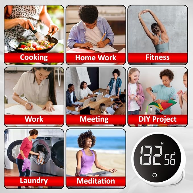 Digital Kitchen Timer, Magnetic Countdown Pomodoro Timer, Large LED Display, Rotary Twist Dial, Non Slip, Back Stand, Ideal for Cooking, Classroom, Study, ADHD, Productivity