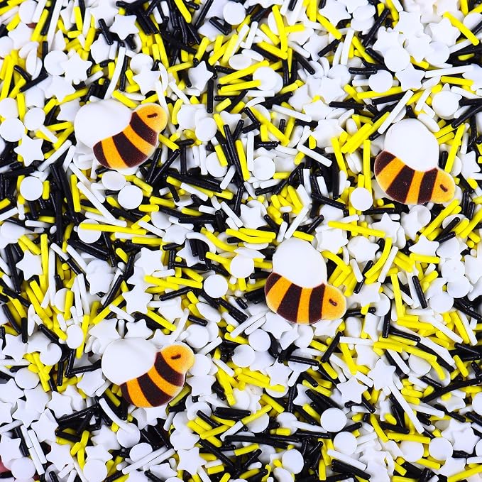 Edible Bee Sprinkles, White, Black and Yellow Sprinkles Confetti, with 4 Pcs Edible Bees for Cupcakes, Macarons, Ice Cream, Cookies, and Cake(3.5oz/100g)