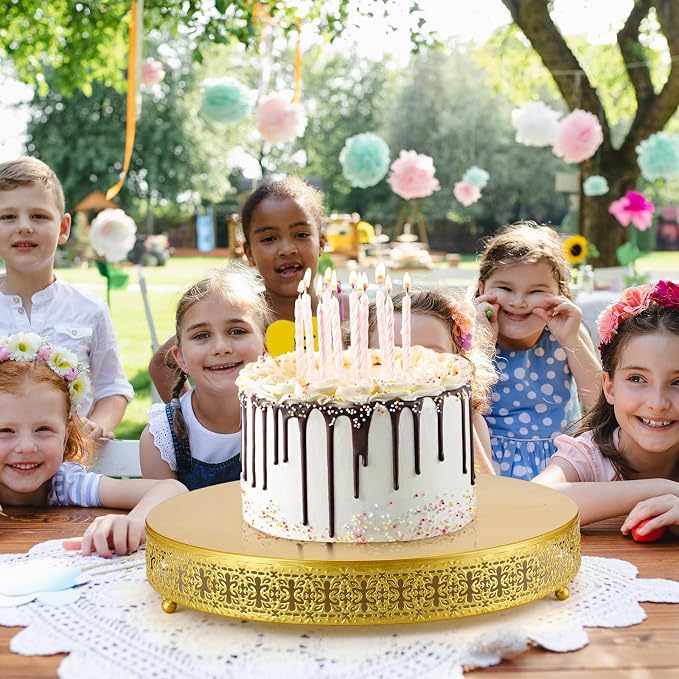 Wenqik 16 Inch Gold Cake Stand Set Metal Round Cupcake Dessert Wedding Cake Stand with Cutting & Spatula Cookies Display Holder Fruit Serving Tray for Table Wedding Birthday Anniversary Party