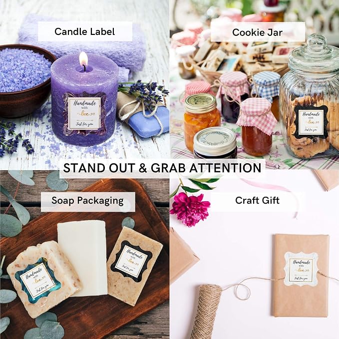 Mobiusea Creation Handmade with Love Stickers Roll | 2 inch Elegant Special Cut | Waterproof 500 Labels for Homemade Goods, Handmade Stickers, Small Business Supplies, Soap Candle Canning Supplies