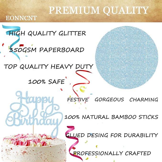 Happy Birthday Cake Topper - Light Blue Glitter Birthday Party Cake Decoration Supplies, Photo Booth Props