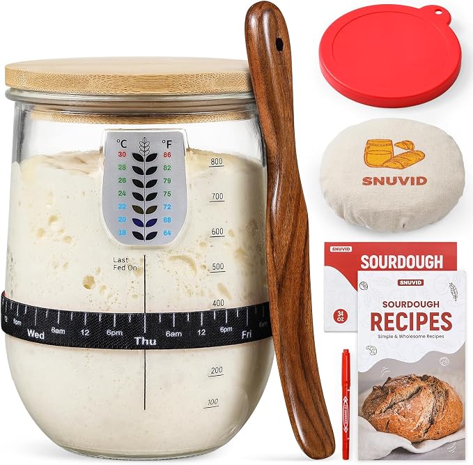 1 L (34 oz) Sourdough Starter Jar Kit, Wide Mouth Potbelly Crock - Glass Sour Dough Starter Bread Jar Set - Sourdough Baking Supplies - Sour Dough Bread Accessories Gifts for Sourdough Lovers