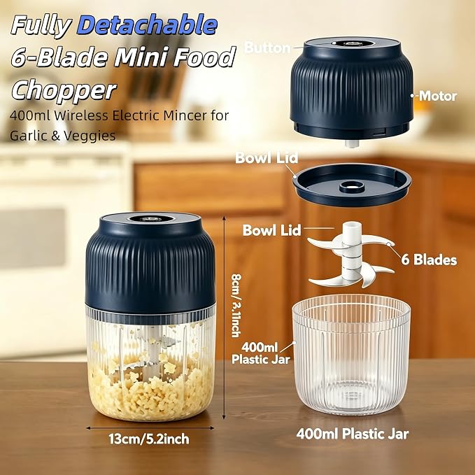 Electric Garlic Chopper, Mini Portable Veggie Chopper Garlic Grinder Masher Onion Chopper, Rechargeable Cordless Food Processor & Food Chopper for Ginger Chili Nut Meat Vegetables, 400ml (Blue)