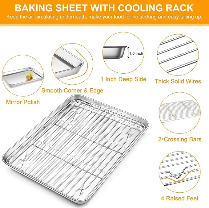 Homikit Baking Half Sheet with Rack (1 Pan + 1 Rack), 18" x 13" Stainless Steel Cookie Sheets for Baking, Metal Bacon Tray with Wire Cooling Rack for Oven Cooking Roasting, Nonstick& Dishwasher Safe