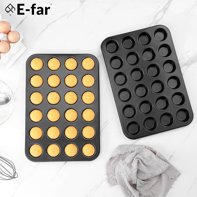 E-far 24-Cup Mini Muffin Pan - 3 Pack Nonstick Carbon Steel Cupcake Tin Tray for Little Bites & Freezer Prep | Warp-Free Bakeware Ensures Even Baking & Effortless Release, Regular Size & Oven Safe