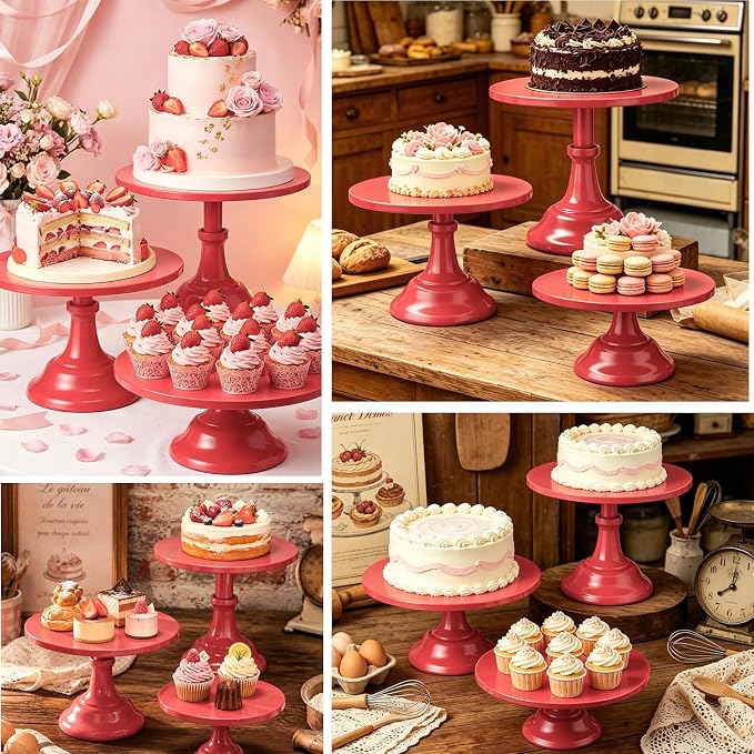 Three-piece Cake Stand Set, Metal Round Trays, 8-inch, 10-inch, and 12-inch, for Dessert Table displays; Perfect for Christmas, Thanksgiving, Birthdays, Weddings, and Other Celebrations(Red)