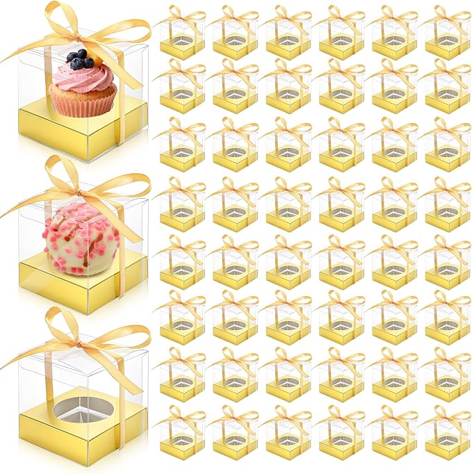 Cididu 48 PCS Clear Plastic Cupcake Boxes, 3.5 Inches Individual Cupcake Holder with Beige Ribbons Inserts, Disposable Single Ornament Gift Box Containers for Mother's Day Wedding Baby Shower Party