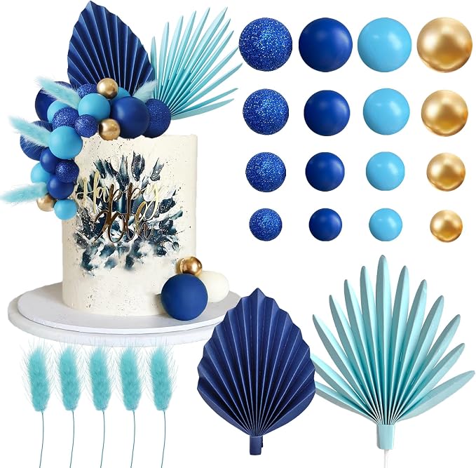 38 PCS Balls Cake Toppers Palm Leaves Cake Decorations for Birthday Wedding Baby Shower Party Supplies (Blue)