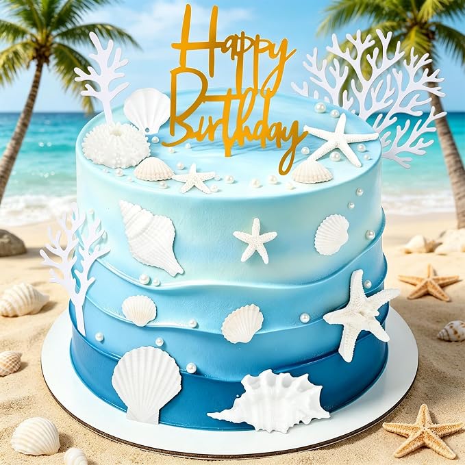 Hooqict 18Pcs Ocean Seashells Cake Decorations Set with Starfish Sea Shells Cake Toppers for Summer Happy Birthday Under the Sea Ocean Beach Birthday Party Decorations Supplies