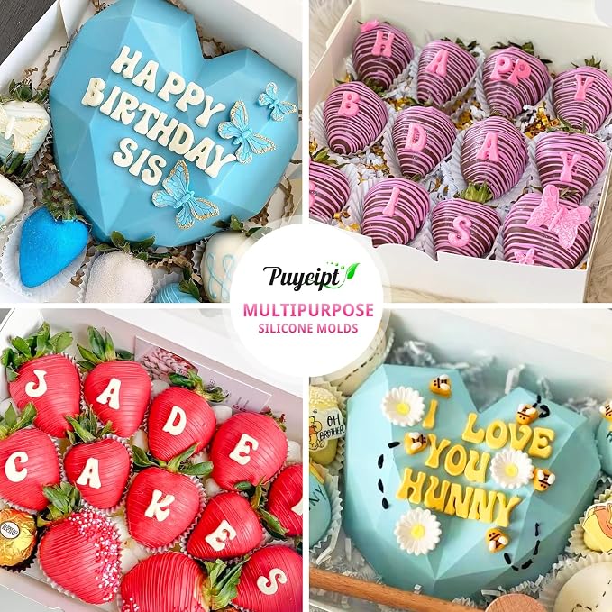 Puyeipt 4 Pcs Silicone Letter Molds for Chocolate, 0-9 Number and 26 Alphabet Letter Molds Fondant Mold for Edible Cake Dessert Decorating