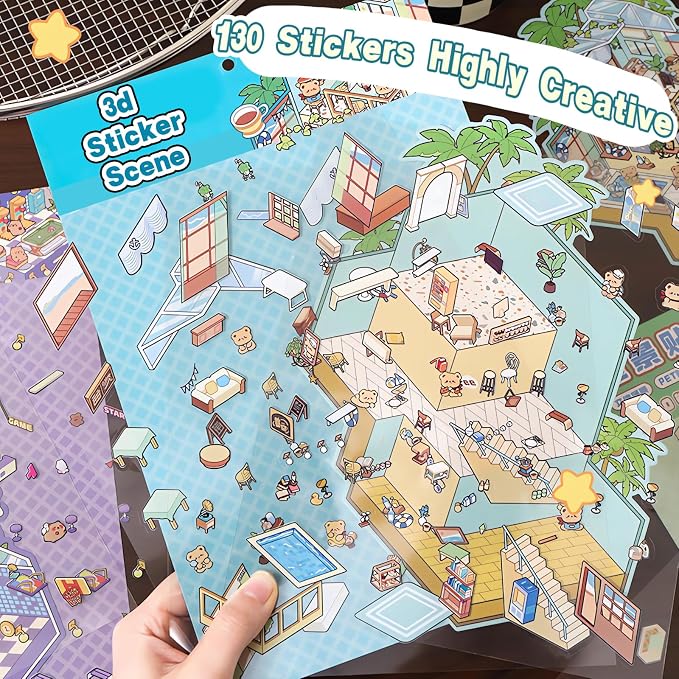 4 Sets Big DIY 3D Sticker Scene Isometric Miniature Room Stickers Book for Kids Adults Cute Make Your Own House Stickers for Gifts Paint by Sticker Third Floor Library Café Castles Game Arcade (A set)