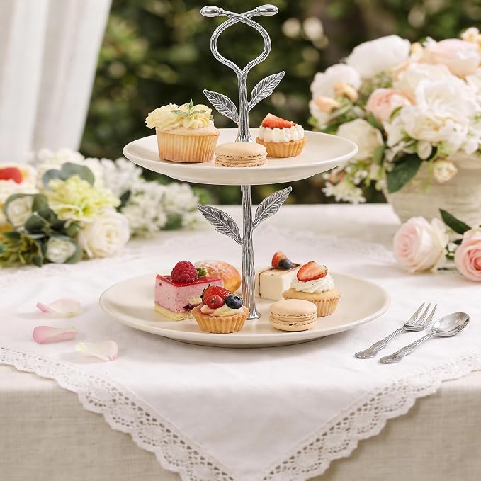 2 Tier Silver Cake Stand Tiered Tray Hardware Kit,Dessert Plate Hardware | Metal Heavy Duty Dessert Fruit Plate Holder Parts with Vine pattern Decor for Wedding Party