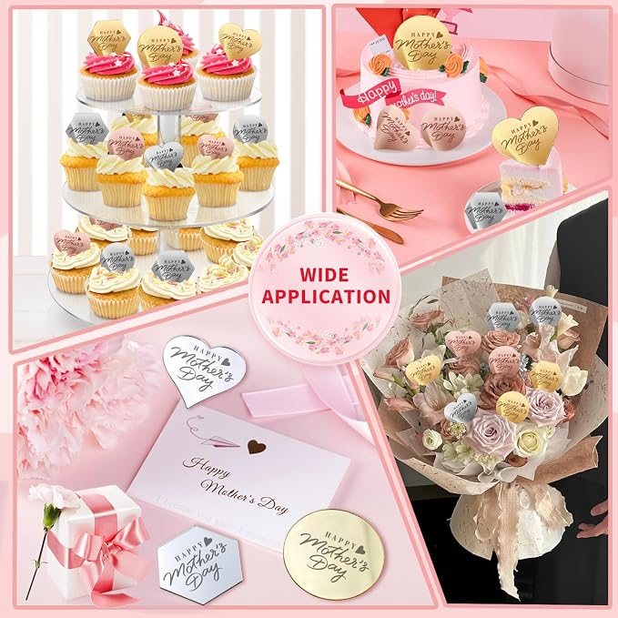 45PCS Happy Mothers Day Cake Toppers, Mirror Acrylic Cupcake Toppers 3 Multi-shape & 3 Different Color Custom Cupcake Picks for Birthday Party Anniversary Pastries Decorations