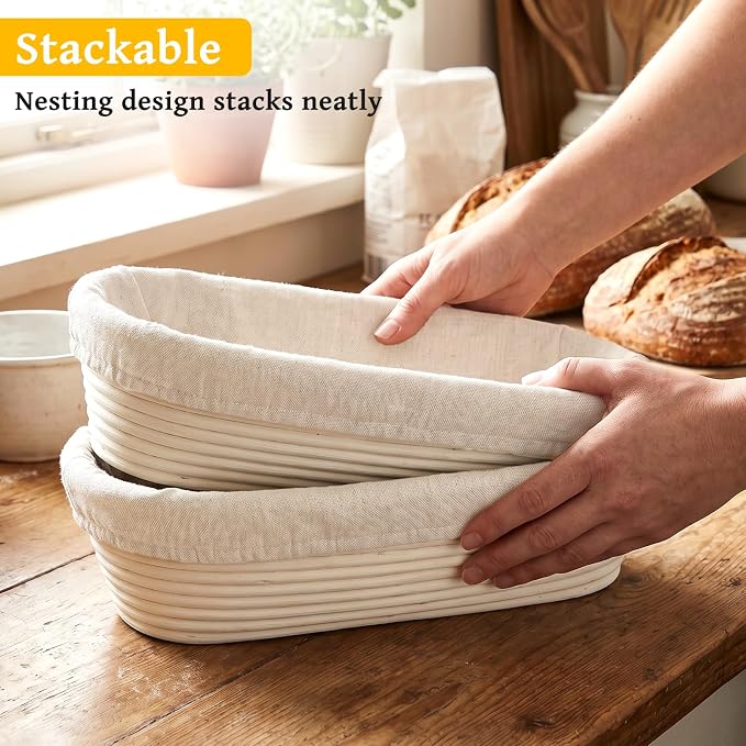 2 Pack 13 Inch Oval Bread Proofing Basket,Banneton Basket Bread Baking Bowl with Linen Liner Cloth, Perfect for Professional & Home Sourdough Breads Baking, Artisan Sourdough Breads