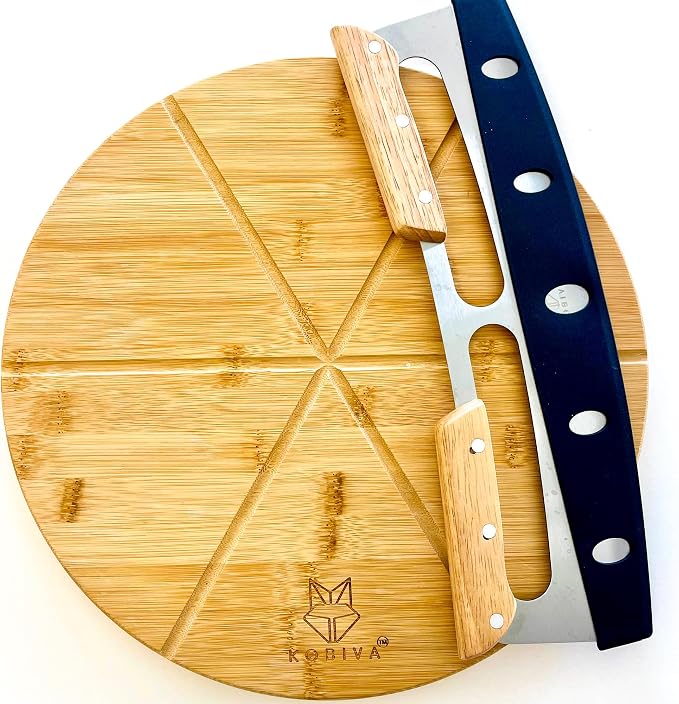 14” Dual-Grip Pizza Cutter Pizza Board | Gift Pizza Set, Best Pizza Cutter Rocker Blade, Bamboo Pizza Cutting Board, Pizza Slicer, Pizza Serving Board, Pizza Rocker Knife For Cutting Pizza Piza