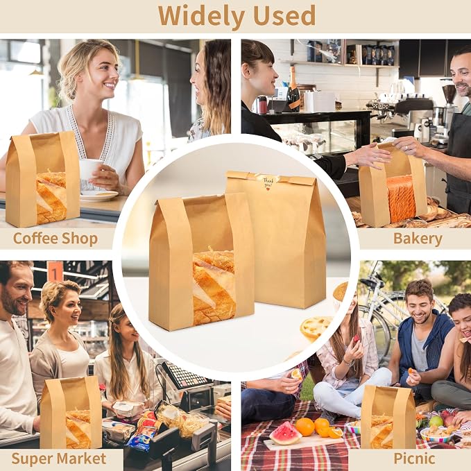 30 Pcs Bread Bags for Homemade Bread, 13.7 x 8.3 x 3.5 Inch Large Sourdough Kraft Paper Bakery Bags with Clear Window, Includes 30 Sealing Stickers for Storing Loaves & Snacks