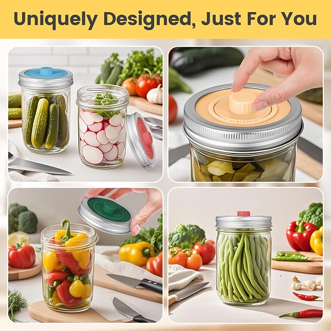 Original Patented Airlock Fermentation Lids for Wide Mouth Mason Jars, Fermenter Caps, Fermentation Kit for Sauerkraut & Pickle Kit, One Way Waterless Airlock Valve - BPA-Free (Jar Not Included)