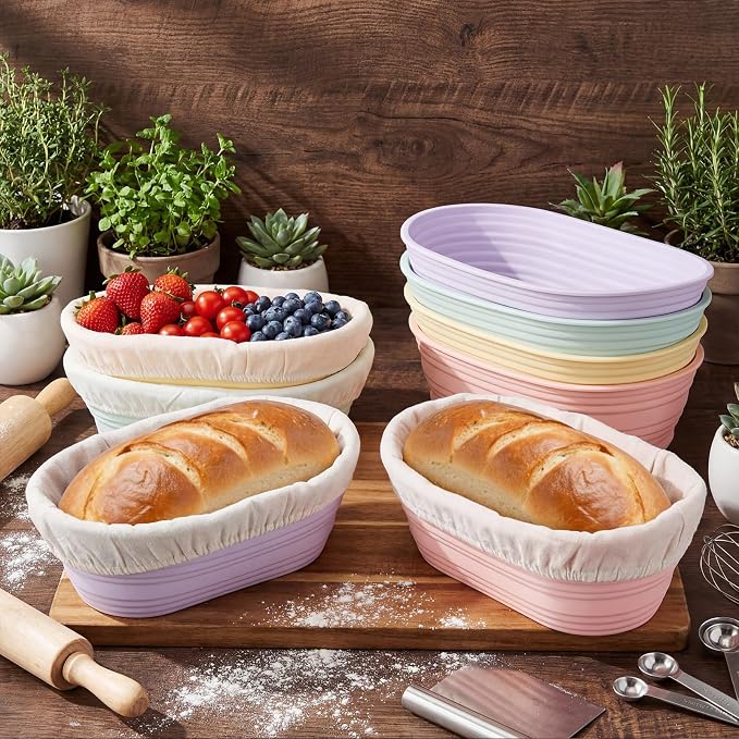 Honeydak 4 Pcs Silicone Bread Proofing Baskets Oval Banneton Basket with Liner 10 Inch Collapsible Sourdough Bread Baking Supplies Non-stick Dough Proofing Bowls Containers Oven Safe for Breads Making
