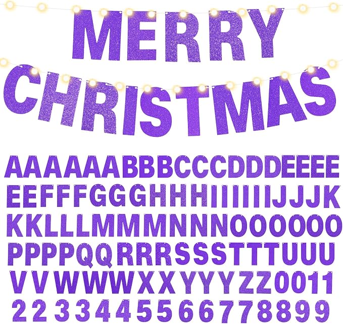 TaoBary 112 Pcs DIY Letter Kit Glitter Customizable Banner Letters Include 107 Letters and Numbers 3 Rope and 2 Needles for Birthday Halloween Christmas Wedding Valentine Party Decor(Purple)