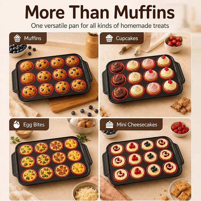 Silicone Muffin Pans for Baking with Metal Reinforced Frame, Muffin Tin Egg Bites Mold 12-Cup Regular Size, Nonstick Muffin Cups Tray Easy to Pop Cupcake Pan for Oven & Dishwasher Safe - Red