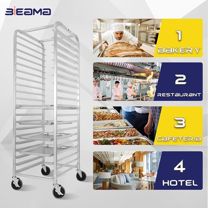 BIEAMA 20-Tier Sheet Pan Rack, NSF Bun Pan Rack, Aluminum Bakery Rack, Home Commercial Kitchen Bakery Cooling Rack, 4 Wheels