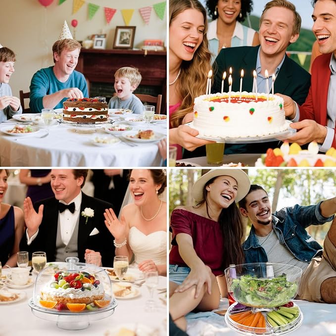 6-in-1 Multi-Functional Cake Stand with Dome Cover, BPA-Free Acrylic Serving Platter, Salad Bowl Divided Snack Tray, Shatterproof Dessert Display with Fork Spoon for Birthday Wedding Christmas Party