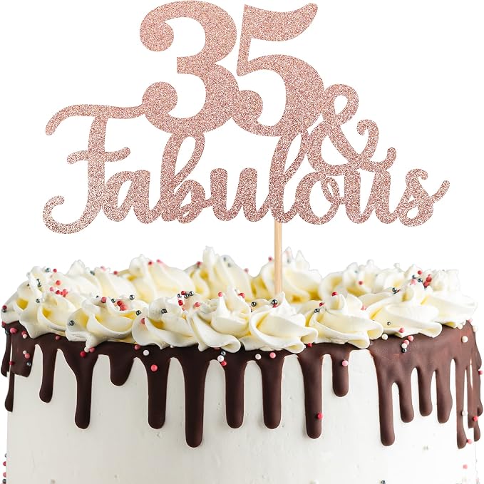 1 PCS 35 & Fabulous Cake Topper Glitter Thirty Five and Fabulous Cake Toppers Happy 35th Birthday Cake Pick for 35th Wedding Anniversary Birthday Party Cake Decorations Supplies Rose Gold