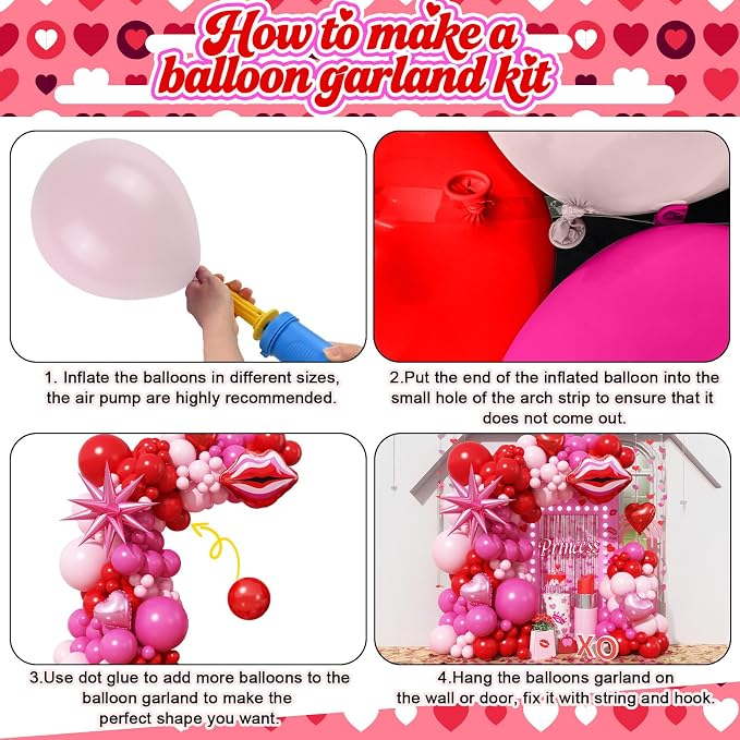Valentines Day Balloon Arch Kit Hot Pink Red Balloon Garland with Lip Heart Star Foil Balloons Rose Red Baby Light Pink Galentines Party Decorations for Proposal Engagement Wedding Mothers, 97Pcs