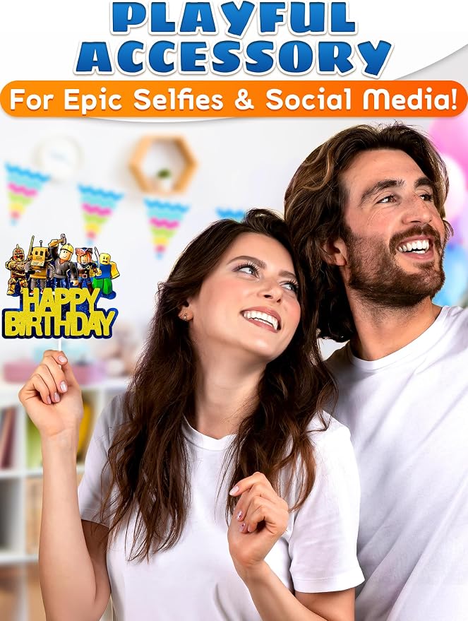 Easy Adjusting Gamer Cake Topper with Eye-Catching Design - 5.1"x5.9" Video Game Cake Topper Happy Birthday, Made from Cardboard with Sturdy Plastic Stick - Boy & Girl Gamer Birthday Party Decorations