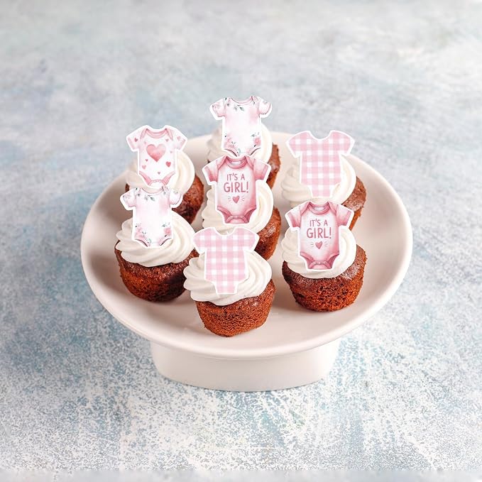 60 PCS Edible Bodysuit Cupcake Toppers Wafer Paper Baby Girl Cupcake Picks Edible It's a Girl Gingham Theme Party Decorations for Girls Birthday Gender Reveal Baby Shower Party Cake Decorations