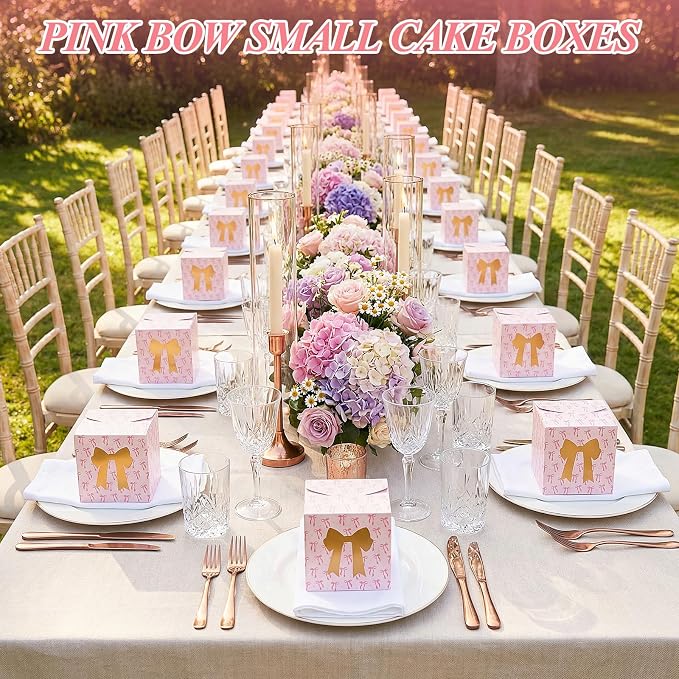 50 Pack Pink White Bow Cookie Boxes with Window 5x5x3 Inch Small Bakery Treat Boxes for Pastry Donuts Macaroon Cupcakes Tea Party Birthday Wedding Bridal Shower Favors