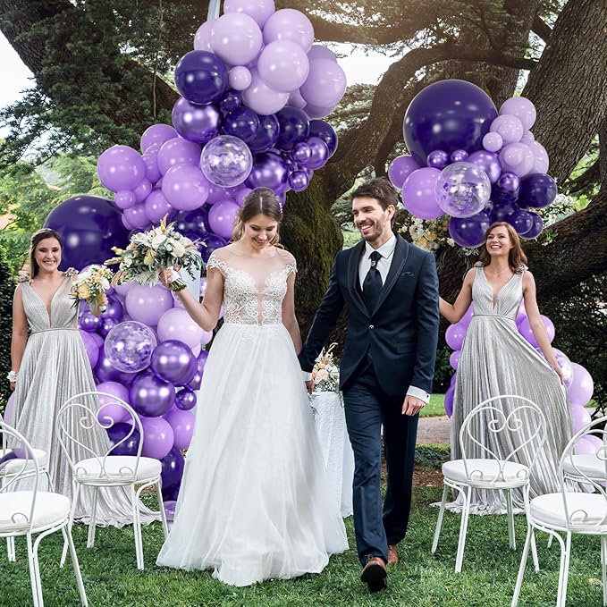136-Pack Metallic Purple & Lavender Lilac Balloon Garland Kit - Chrome Purple, Dark/Light Purple Balloons with Confetti for Princess Birthday, Wedding, Baby Shower, Bachelorette Decor