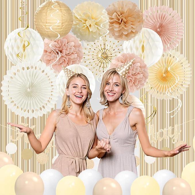 Champagne-Gold Pink Birthday Decorations for Women Girls,Pre-Strung Happy Birthday Banner,Boho Peach Paper Lanterns Tissue Pom Poms Fan,Cream White Balloons,Girl Woman Party Backdrop Supplies