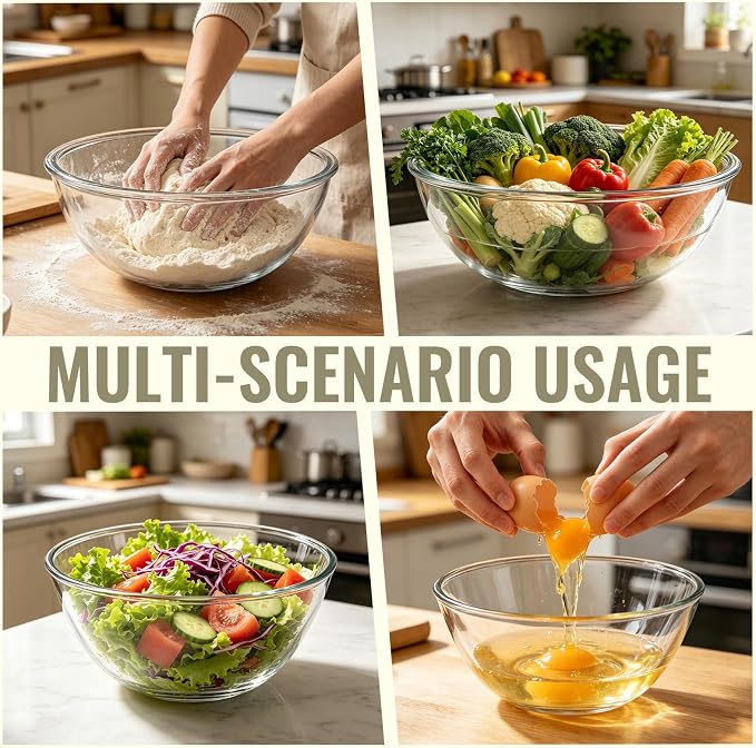 Glass Mixing Bowls with Lids, 2-Piece Large 7QT & 2.4QT Clear Glass Dough Proofing Container, Baking Mixing Bowl for Sourdough, Salad, and Kitchen Prep – Dishwasher Safe