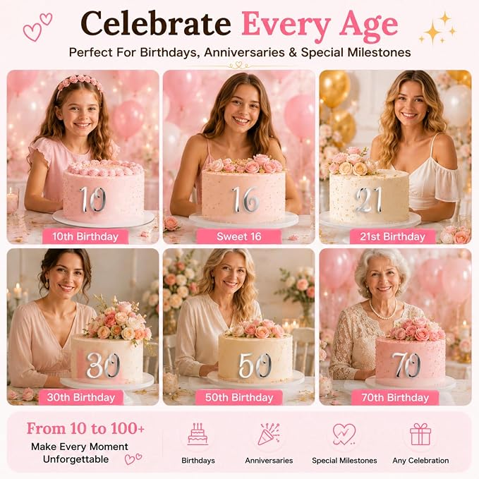 Acrylic Number Cake Topper Silver DIY Mirrored Cake Topper 0-9 Number Set Suitable for Wedding, Birthday, Party Decoration