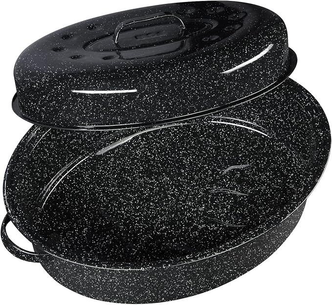 Granite Ware 19-Inch Covered Oval Roaster, 20 Lb Capacity - Enamel Steel Cookware, Dishwasher Safe & PFOA-Free, Even Heat Distribution for Roasting Poultry, Meat, or Vegetables (Speckled Black)