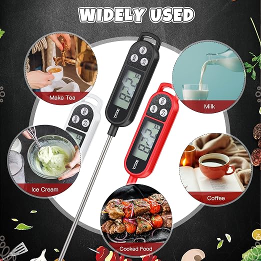 Copkim 3 Pcs Instant Read Meat Thermometer with Long Probe 9.65 Inch Kitchen Cooking Food Candy Waterproof Digital Thermometer for BBQ Water Milk Yogurt Liquid Cooking (Black,White,Red)