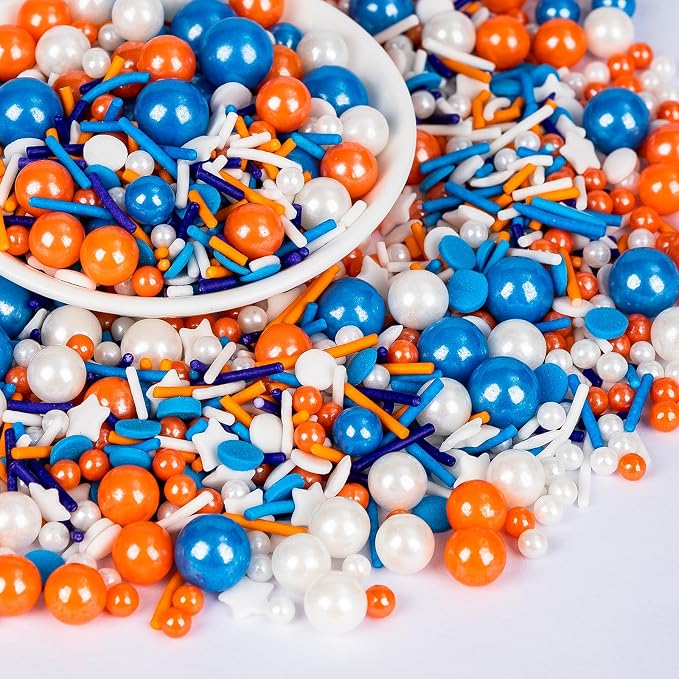 Edible Blue Orange Sprinkles for Cake Decorating,130g White Stars Pearls and Jimmies Mix,Round Sugar Confettis Sprinkle,Cupcake,Cookies,Donut,Basketball Soccer Sports Themed Holiday Dessert Toppings,Birthday Celebration Supplies